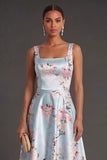 Satin Blue Floral A Line Thick Straps Midi Wedding Guest Dress