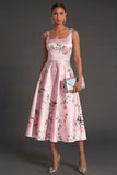 Satin Blue Floral A Line Thick Straps Midi Wedding Guest Dress