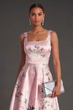 Satin Blue Floral A Line Thick Straps Midi Wedding Guest Dress