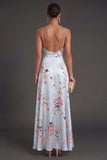 Satin Blue Floral A Line Ruffled Long Wedding Guest Dress