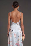 Satin Blue Floral A Line Ruffled Long Wedding Guest Dress