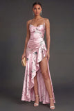 Satin Blue Floral A Line Ruffled Long Wedding Guest Dress