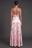 Satin Blue Floral A Line Ruffled Long Wedding Guest Dress