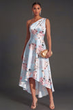 Satin Pink Floral A Line One Shoulder High Low Wedding Guest Dress