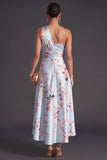 Satin Pink Floral A Line One Shoulder High Low Wedding Guest Dress