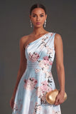 Satin Pink Floral A Line One Shoulder High Low Wedding Guest Dress