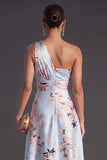Satin Pink Floral A Line One Shoulder High Low Wedding Guest Dress