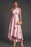 Satin Pink Floral A Line One Shoulder High Low Wedding Guest Dress