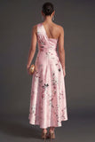 Satin Pink Floral A Line One Shoulder High Low Wedding Guest Dress