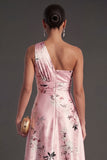 Satin Pink Floral A Line One Shoulder High Low Wedding Guest Dress
