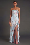 Pink A Line Ruffled Floral Strapless Long Wedding Guest Dress with Slit