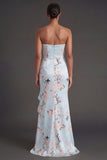 Pink A Line Ruffled Floral Strapless Long Wedding Guest Dress with Slit