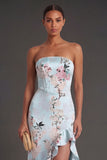 Pink A Line Ruffled Floral Strapless Long Wedding Guest Dress with Slit