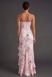 Pink A Line Ruffled Floral Strapless Long Wedding Guest Dress with Slit