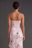 Pink A Line Ruffled Floral Strapless Long Wedding Guest Dress with Slit