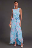 Blue Pink Floral A Line Ruched Ruffled Long Beach Wedding Guest Dress with Slit