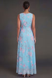 Blue Pink Floral A Line Ruched Ruffled Long Beach Wedding Guest Dress with Slit