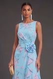 Blue Pink Floral A Line Ruched Ruffled Long Beach Wedding Guest Dress with Slit