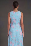 Blue Pink Floral A Line Ruched Ruffled Long Beach Wedding Guest Dress with Slit