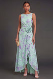 Blue Pink Floral A Line Ruched Ruffled Long Beach Wedding Guest Dress with Slit
