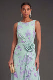Blue Pink Floral A Line Ruched Ruffled Long Beach Wedding Guest Dress with Slit