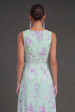 Blue Pink Floral A Line Ruched Ruffled Long Beach Wedding Guest Dress with Slit