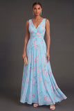 Blue Pink V Neck A Line Floral Sleeveless Long Beach Wedding Guest Dress