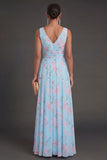 Blue Pink V Neck A Line Floral Sleeveless Long Beach Wedding Guest Dress
