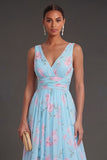 Blue Pink V Neck A Line Floral Sleeveless Long Beach Wedding Guest Dress