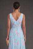 Blue Pink V Neck A Line Floral Sleeveless Long Beach Wedding Guest Dress
