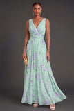 Blue Pink V Neck A Line Floral Sleeveless Long Beach Wedding Guest Dress