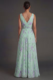 Blue Pink V Neck A Line Floral Sleeveless Long Beach Wedding Guest Dress