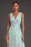 Blue Pink V Neck A Line Floral Sleeveless Long Beach Wedding Guest Dress