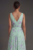 Blue Pink V Neck A Line Floral Sleeveless Long Beach Wedding Guest Dress
