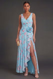 V Neck Blue Pink Floral A Line Long Ruffled Beach Wedding Guest Dress with Slit