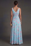 V Neck Blue Pink Floral A Line Long Ruffled Beach Wedding Guest Dress with Slit