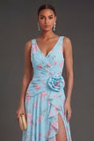 V Neck Blue Pink Floral A Line Long Ruffled Beach Wedding Guest Dress with Slit
