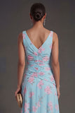 V Neck Blue Pink Floral A Line Long Ruffled Beach Wedding Guest Dress with Slit