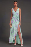V Neck Blue Pink Floral A Line Long Ruffled Beach Wedding Guest Dress with Slit