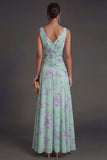 V Neck Blue Pink Floral A Line Long Ruffled Beach Wedding Guest Dress with Slit