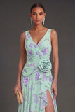V Neck Blue Pink Floral A Line Long Ruffled Beach Wedding Guest Dress with Slit