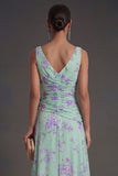 V Neck Blue Pink Floral A Line Long Ruffled Beach Wedding Guest Dress with Slit
