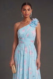 One Shoulder Blue Pink Floral A Line Long Beach Wedding Guest Dress