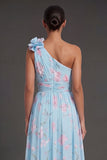One Shoulder Blue Pink Floral A Line Long Beach Wedding Guest Dress