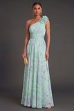 One Shoulder Blue Pink Floral A Line Long Beach Wedding Guest Dress