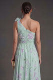 One Shoulder Blue Pink Floral A Line Long Beach Wedding Guest Dress