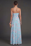 Ruffled Blue Pink Floral A Line Long Beach Wedding Guest Dress with Slit