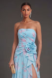 Ruffled Blue Pink Floral A Line Long Beach Wedding Guest Dress with Slit