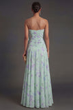 Ruffled Blue Pink Floral A Line Long Beach Wedding Guest Dress with Slit