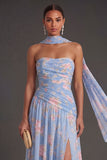 Blue Pink Floral A Line Ruched Strapless Long Beach Wedding Guest Dress with Slit